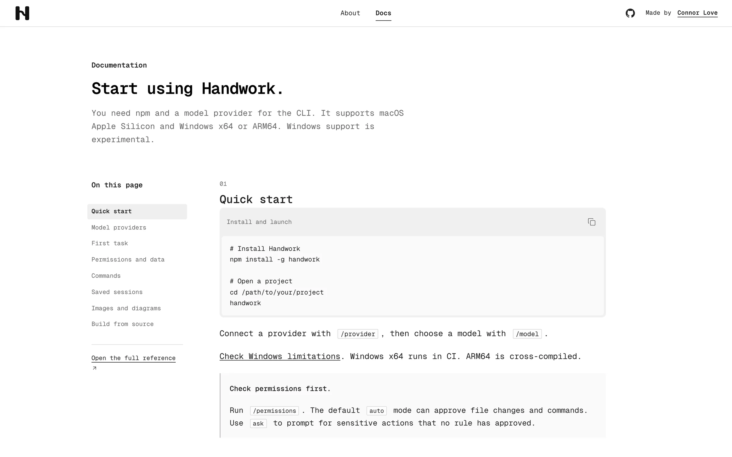 The Handwork docs: install, connect a model provider, and start a first task.