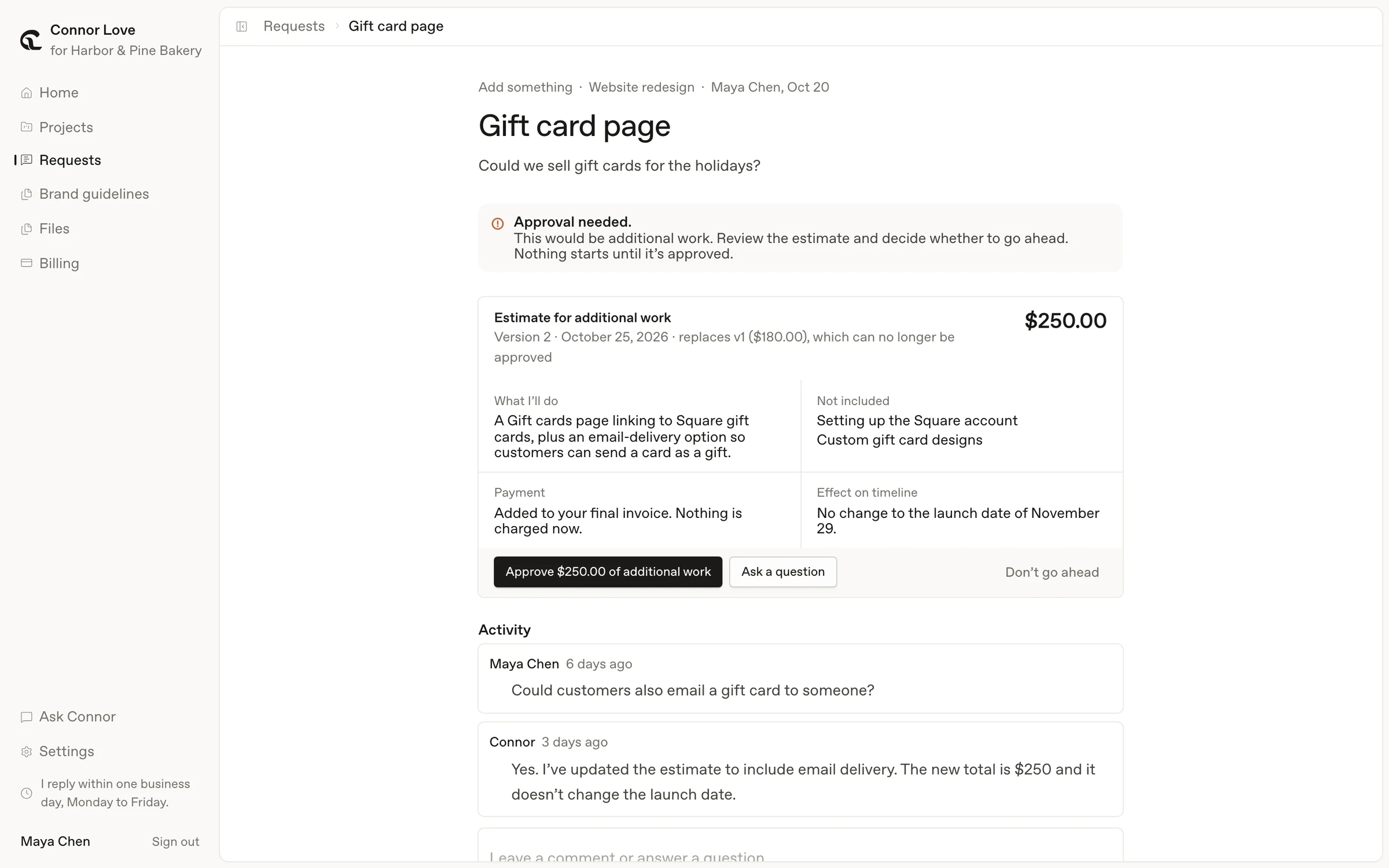 A request for extra work: the estimate, its effect on the timeline, and the conversation that shaped it.