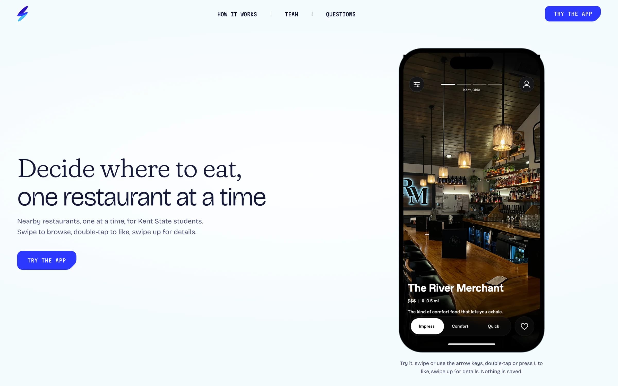 Swipz: decide where to eat, one restaurant at a time, with the app shown on a phone.